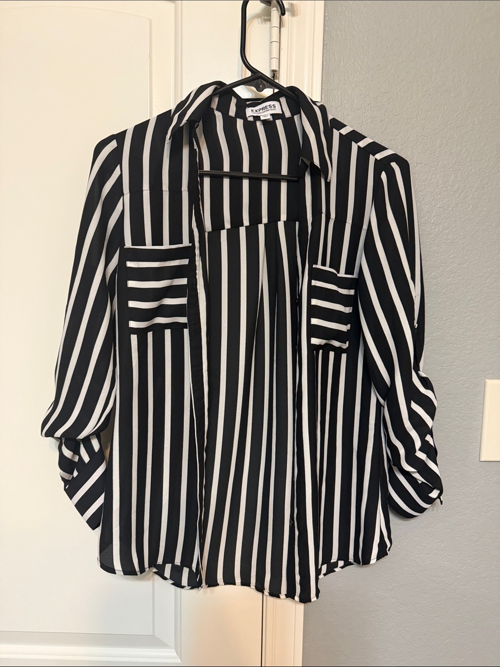 Express Black and White Vertical Stripe Button-Up Shirt